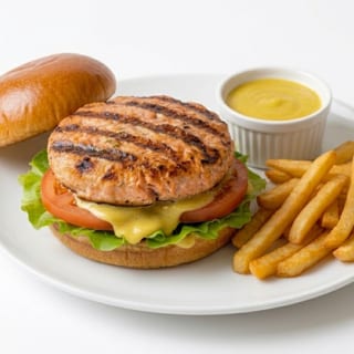 Salmon Burger served w/ fries.